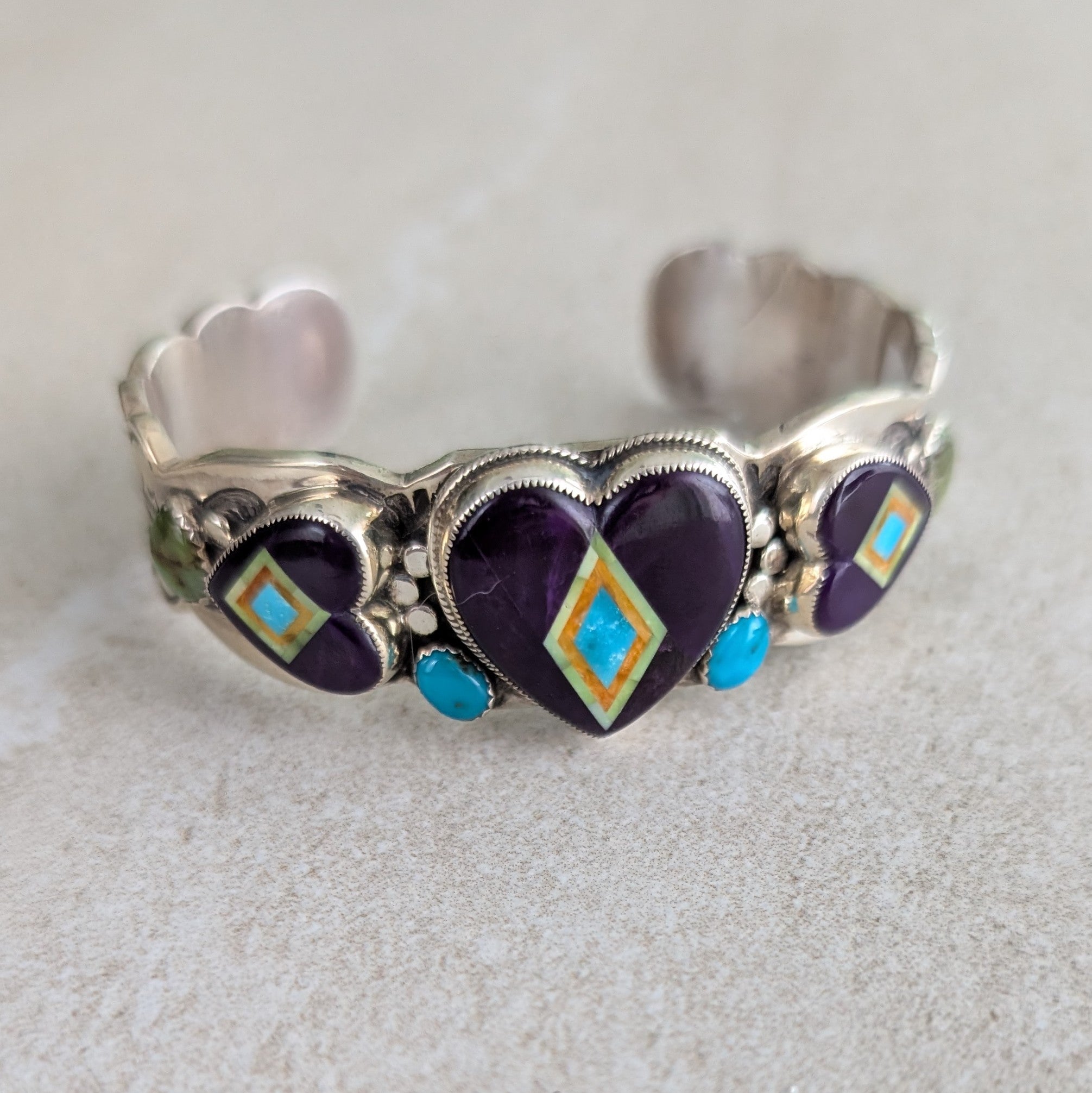 Sterling Silver Large Sugilite Hearts Inlay with Turquoise Hand Stamped Cuff Bracelet